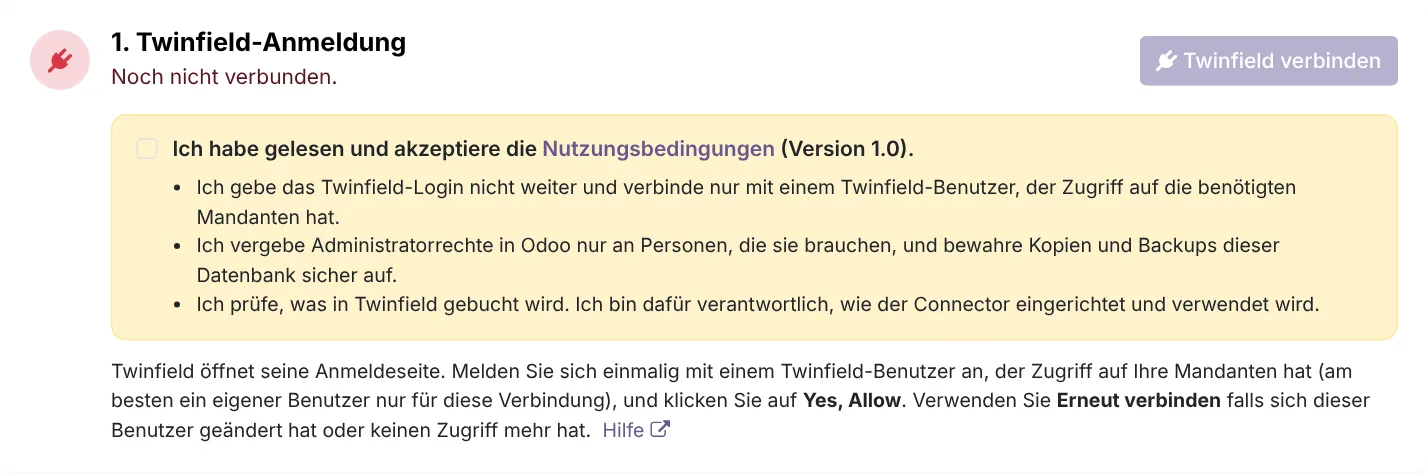 Die Seite Verbindung: Bedingungen akzeptieren, verbinden und den Mandanten wählen.