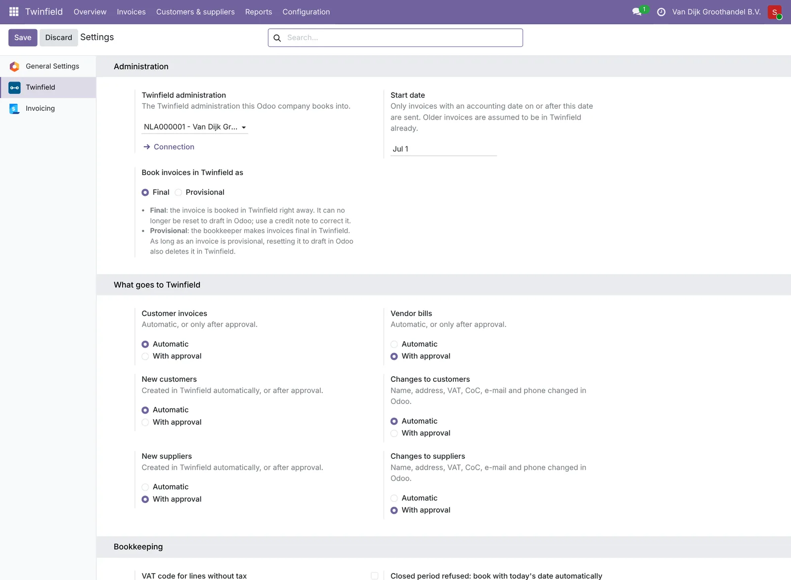 Settings: administration, start date and automatic or with approval.