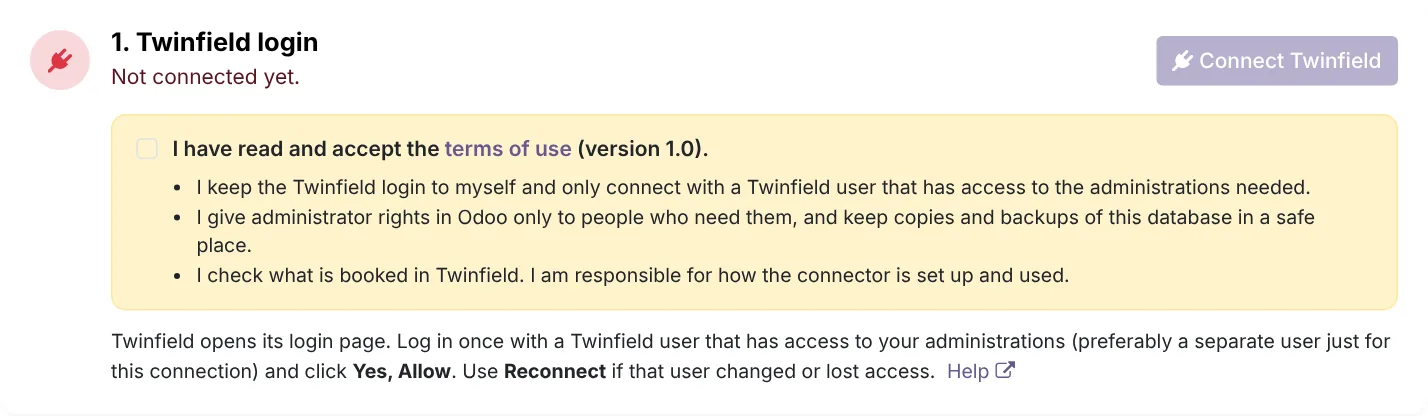 The Connection page: accept the terms, connect and choose the administration.