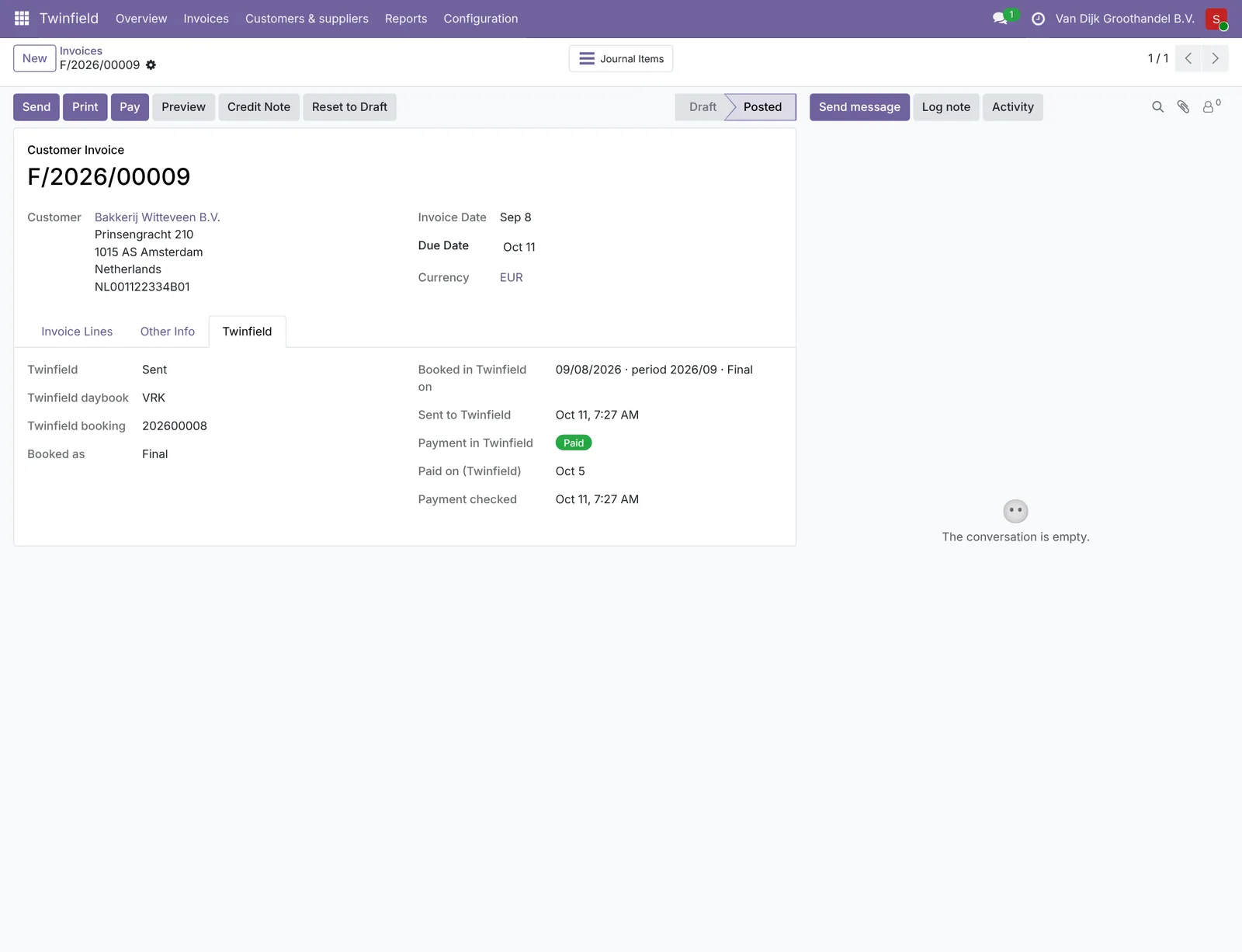 Every invoice shows whether it is in Twinfield, with booking number and payment status.