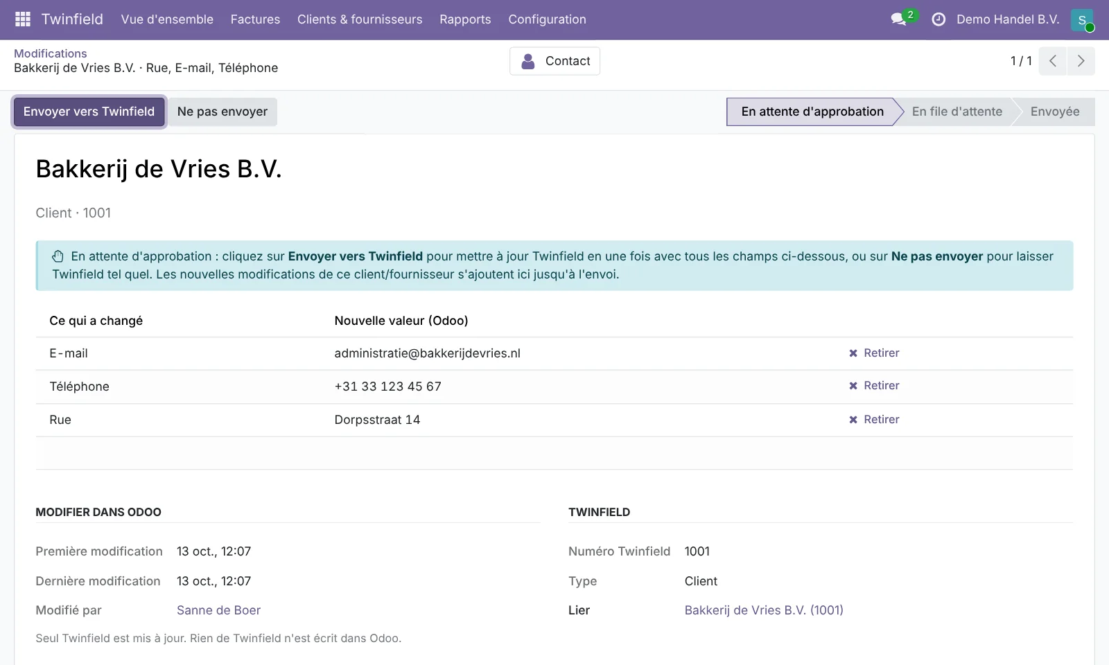 Une modification client : tous les champs modifiés ensemble, envoyés à Twinfield en une fois.