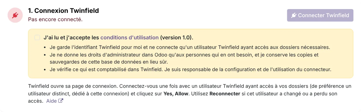 La page Connexion : accepter les conditions, connecter et choisir le dossier.