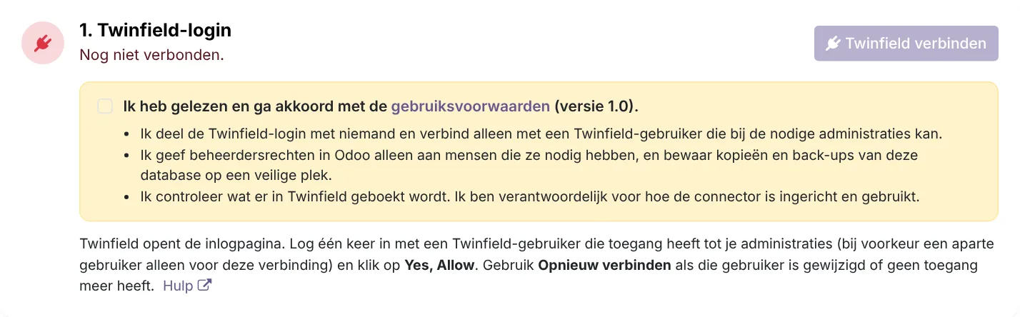 De pagina Verbinding: akkoord geven, verbinden en de administratie kiezen.